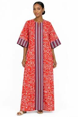 100% Cotton African Kaftan Plus Size Maxi Boho Dress Red Boubou Dashiki 1X 2X